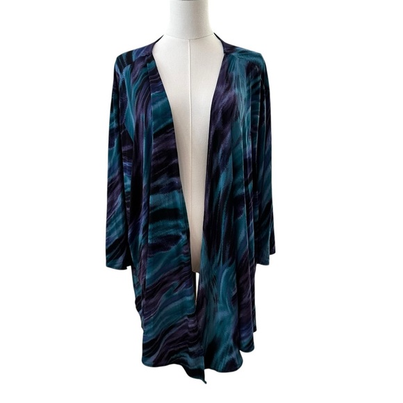 Maggie Barnes Women's 4X Art Wear Plus Purple Teal Swirl Open Front Blouse Top - Picture 8 of 8